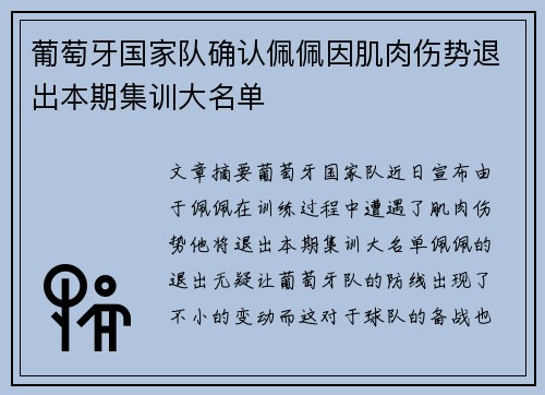 葡萄牙国家队确认佩佩因肌肉伤势退出本期集训大名单 葡萄牙国家队确认佩佩因肌肉伤势退出本期集训大名单